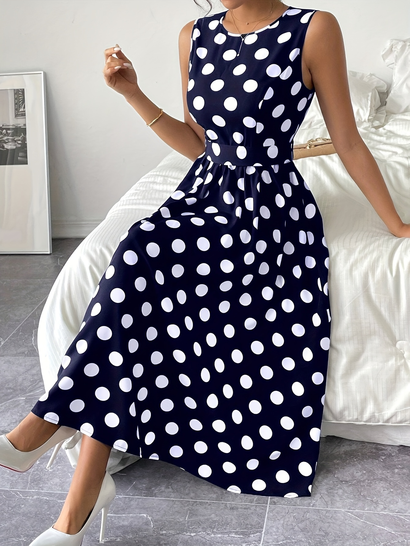 womens sleeveless waist fitted a line dress polka dots - Temu