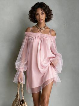 womens elegant party mesh camisole one shoulder loose long sleeve short dress