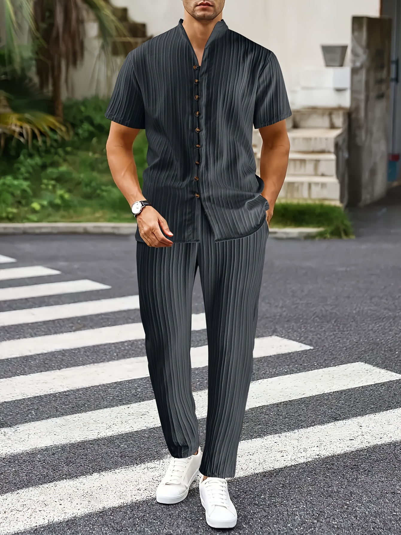 Men's Spring/Summer New Textured Fabric Wave Stripe Trendy Casual Short Sleeve Top + Pants 2pcs Set