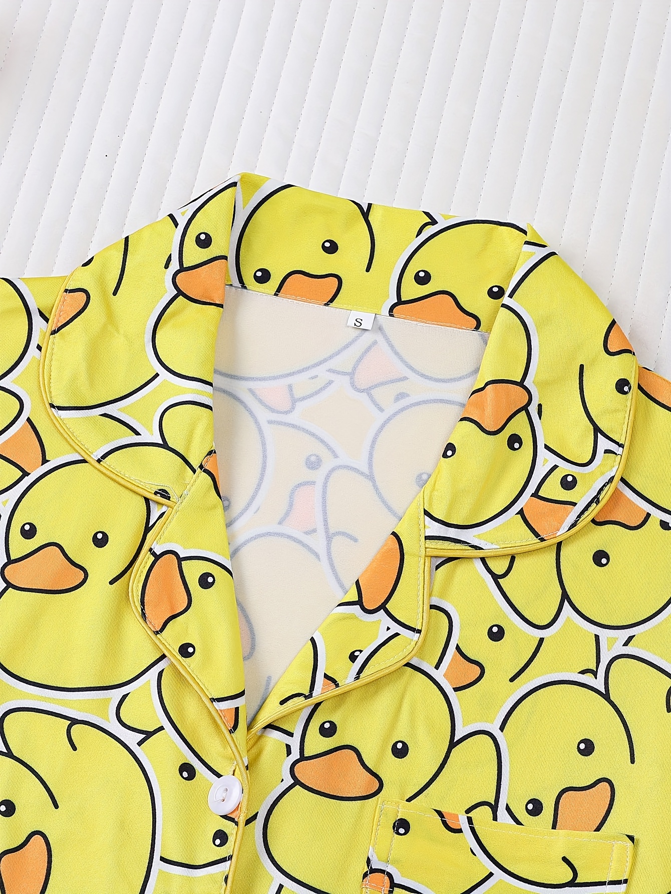 two piece cardigan long sleeved   with long pants pajama set featuring a small yellow duck print suitable for   as a home outfit with a lapel collar for women Product details 2