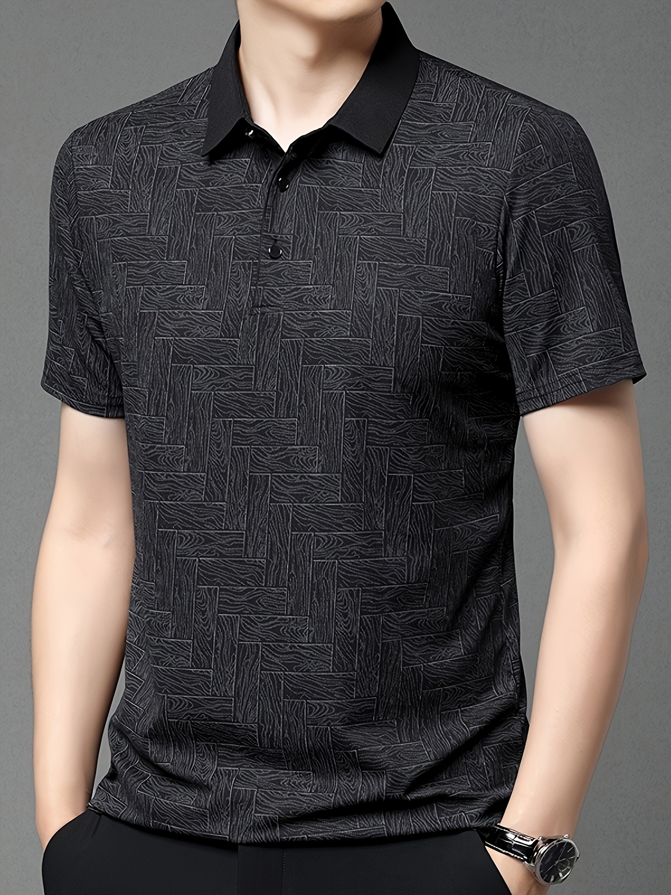 ανδρικό καλοκαιρινό πουκάμισο - περιστασιακό με κοντά μανίκια, γιακάς με κουμπιά, καφέ γεωμετρικό σχέδιο, ελαφρύ μείγμα πολυεστέρα, ιδανικό για περιστασιακή ενδυμασία και γκολφ Στοιχεία είδους 3