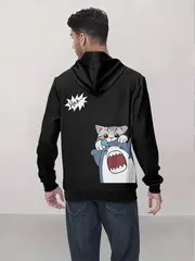 mens 3d cartoon cat shark print hoodie casual long sleeve pullover with kangaroo for details 1