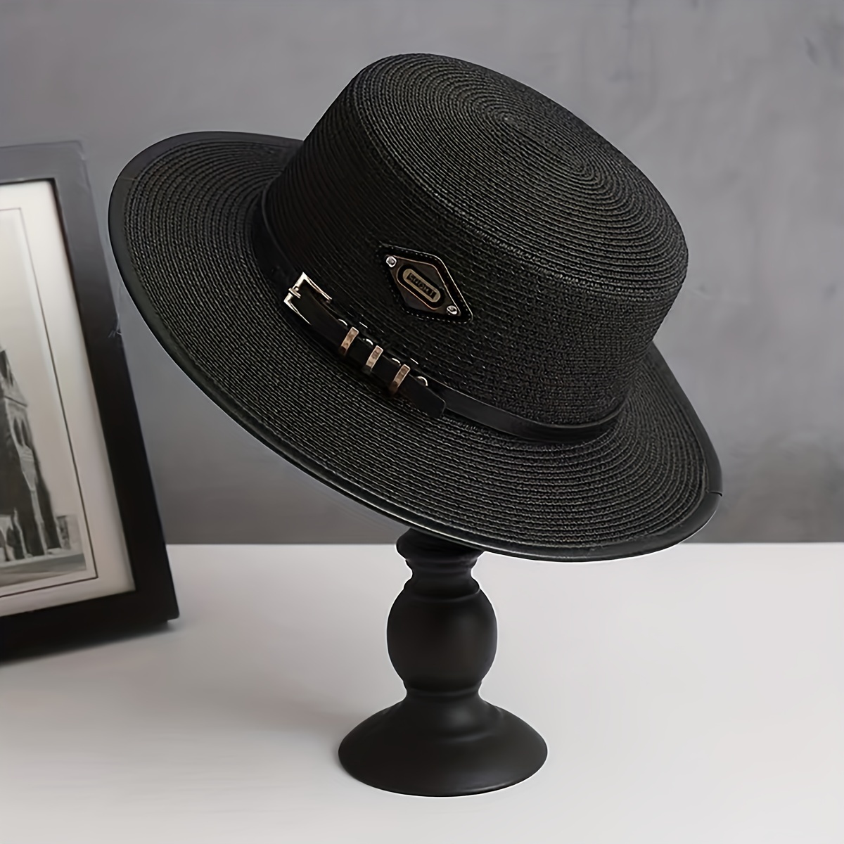 Classic Black Rope Decor Sun Hat Trendy Solid Color Wide - Temu