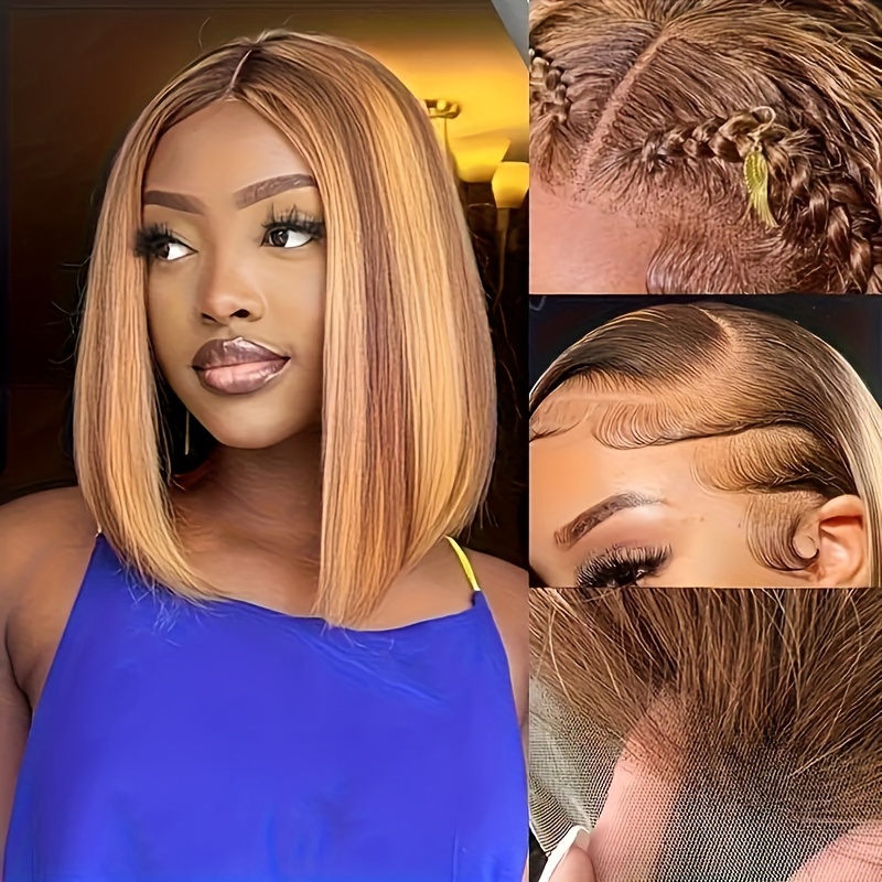 womens basic straight bob lace front wig 13x4 transparent lace with baby hair highlight honey blonde 150 density human hair wig for african american women details 2