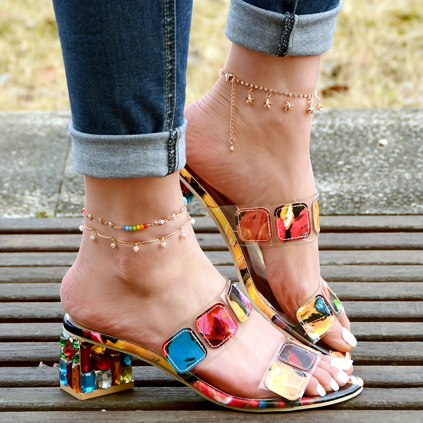 Colorful geo applique deals chunky heeled sandals