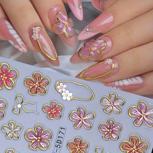 imagen del artículo un set de stickers de nail art de piezas para y verano con bordes dorados y diseños florales rosas; una herramienta autoadhesiva para decoración; un accesorio para uñas