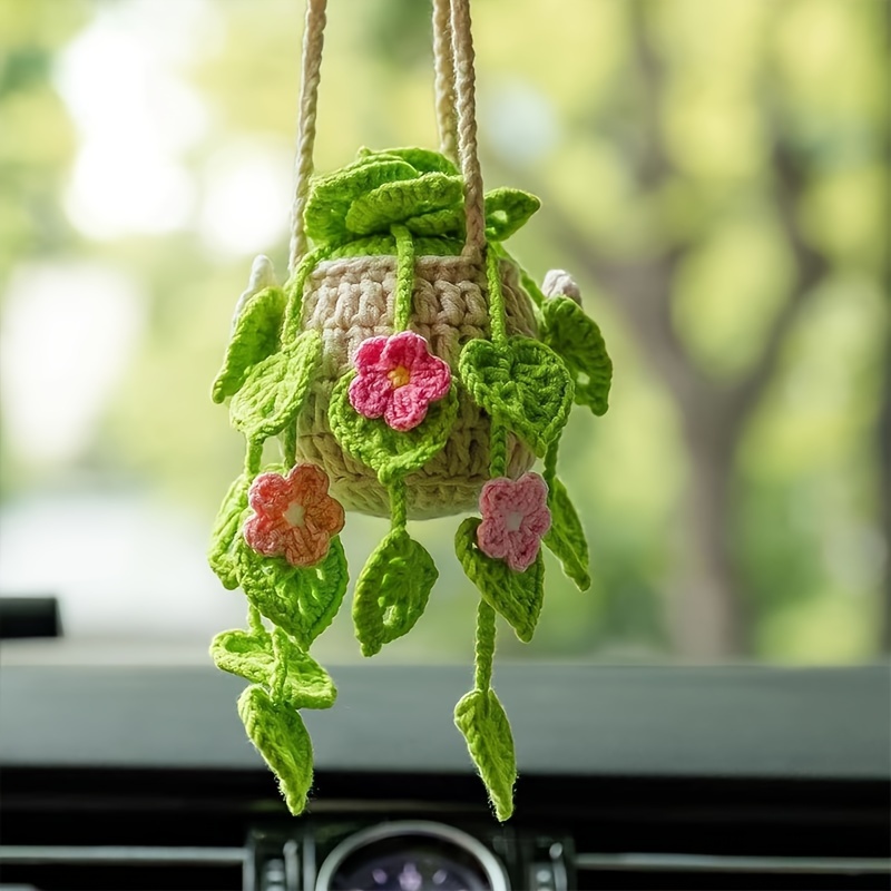 

1pc Crochet Potted Plant Pendant - Fabric Hanging Car Ornament With Handcrafted Flower Basket Design For Interior Decoration