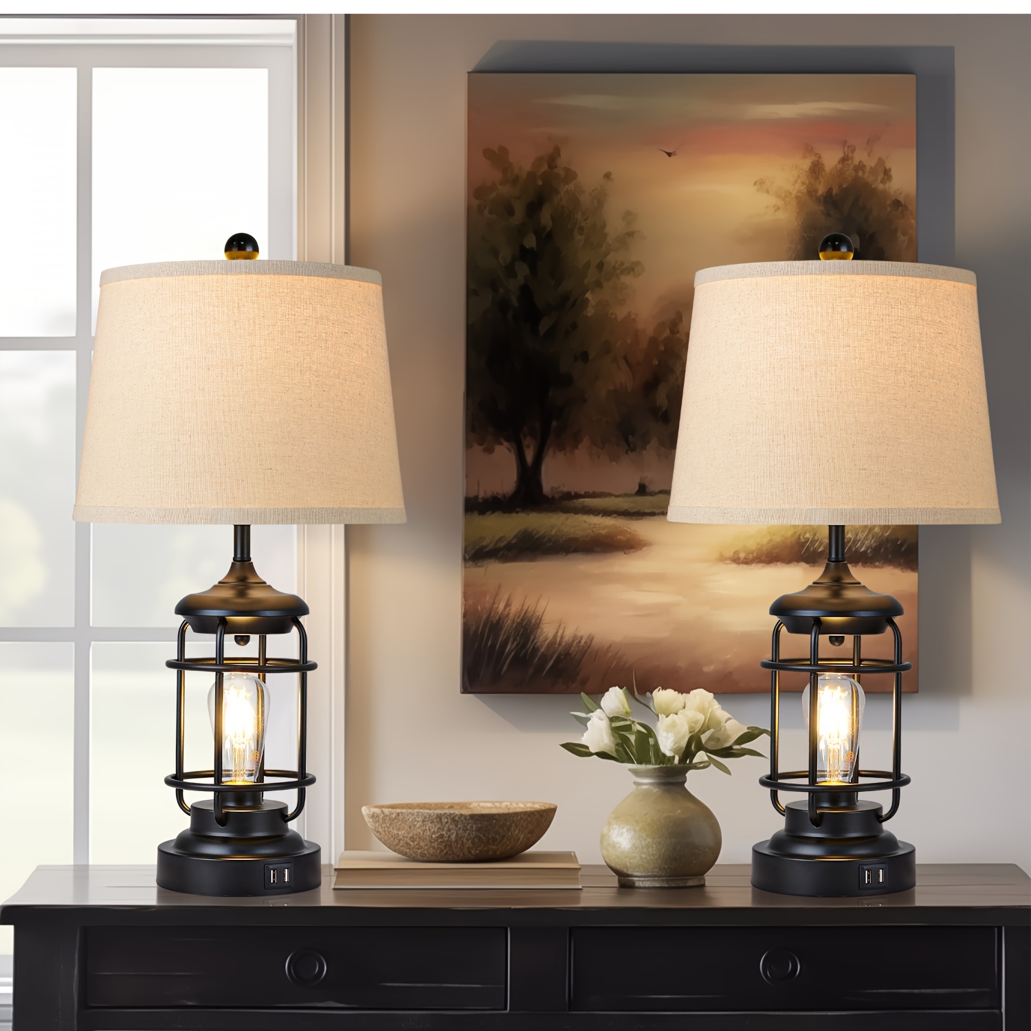 2 Set Farmhouse Table Lamps with 4 LED Bulbs, 9W Bright Rotary Switch Top Light + Touch Contorl 3 Way Dimmable Nightstand Light, Dual USB Ports, Natural Linen Shade, Metal, Black, 22 Inch