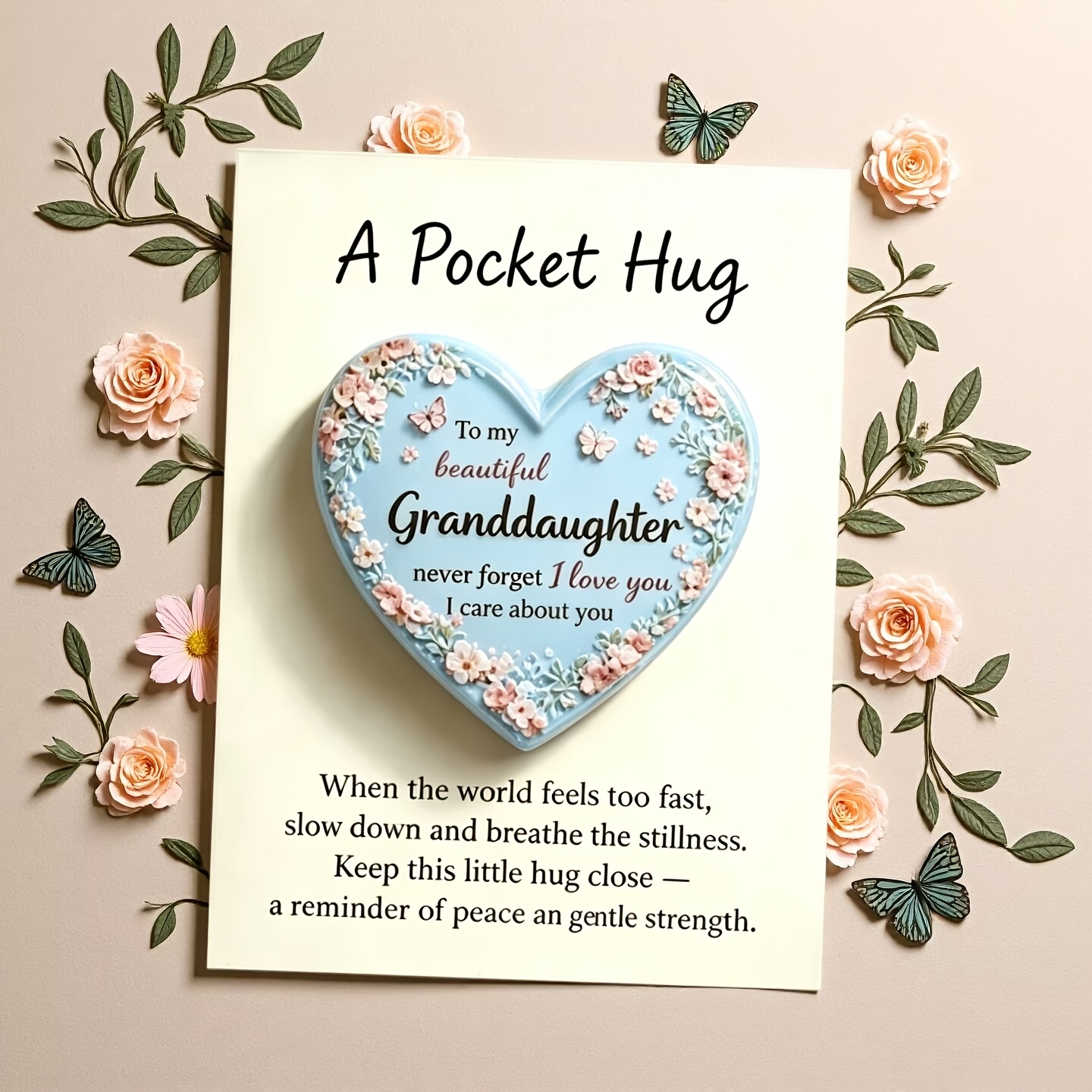 TEMU Granddaughter Thank You Pocket Hug Greeting Card With 2d Blue Heart-shaped Floral Figurine, Includes Emotional Encouragement Card, Inspirational