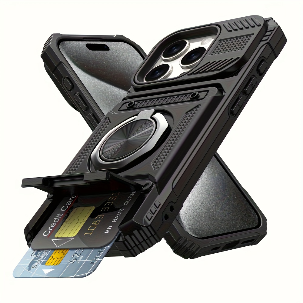 TEMU Anti-drop Slot Phone Case, Compatible With Iphone 16/ 15/ 14/ 13/ 12pro Max/ Pro/ Plus, Magnetic 360° Rotating Metal Stand, Invisible Dual Slot