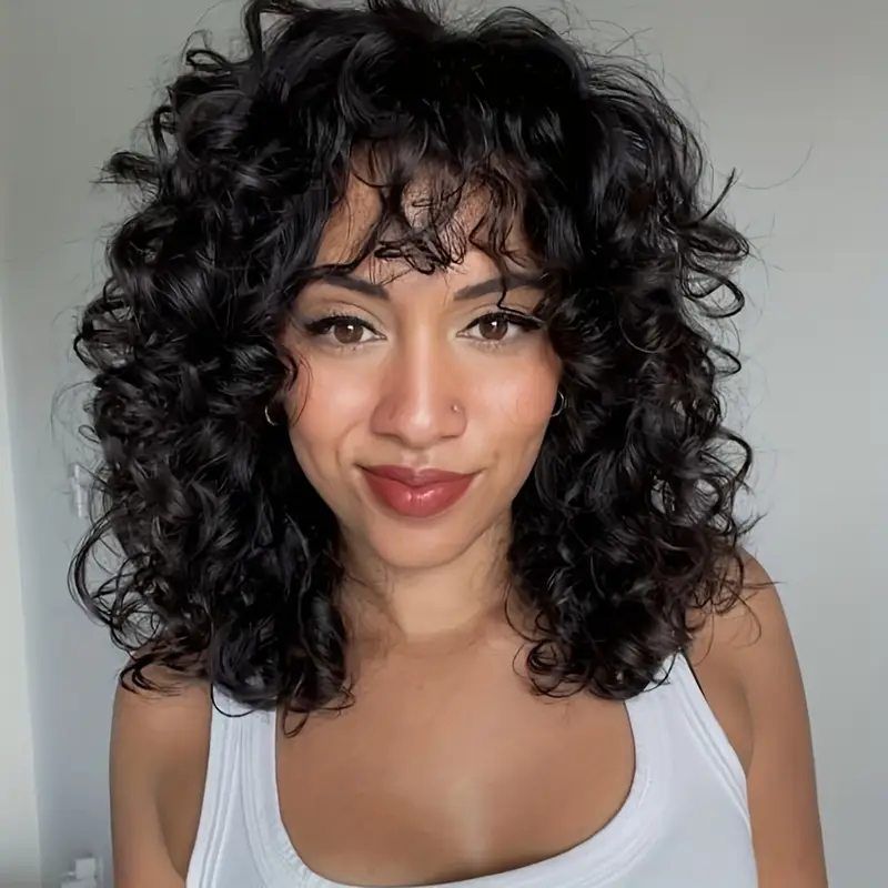 glueless brazilian human hair wig with bangs 200 density machine made natural look for daily use authentic hairline design cap for all versatile hairpiece curls Product details 2