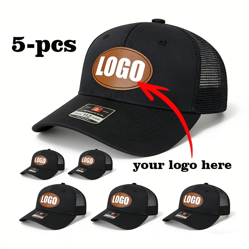 TEMU 5pcs Set Of Tan Oval-logo Mesh Baseball Caps, Customizable With Logos/patterns/text/photos. Men's Outdoor Trucker Hats With Adjustable Closure,