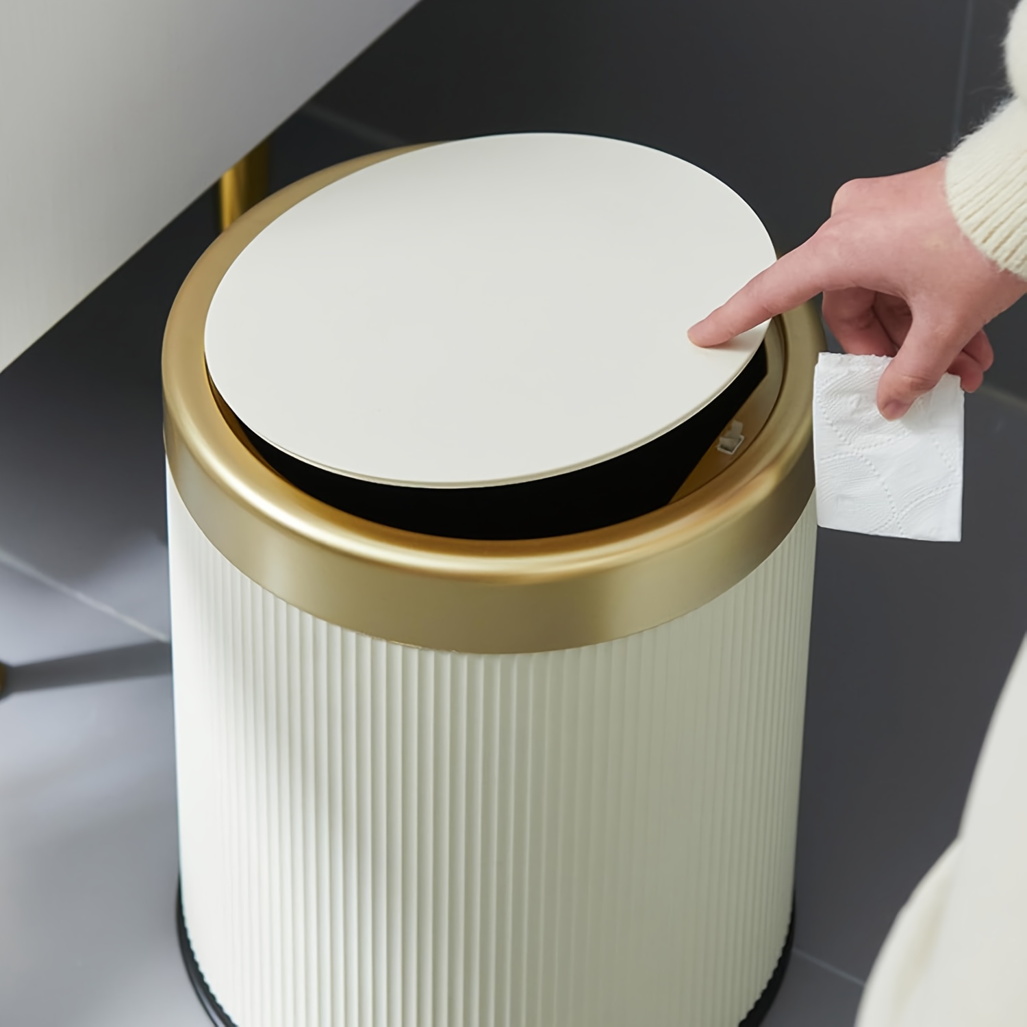 TEMU 1pc 12l Luxury Large Capacity Push-lid Trash Can, Dual Inner Buckets, Bathroom Trash Can, Odor-sealing Oval Garbage Bin, Modern Plastic Waste