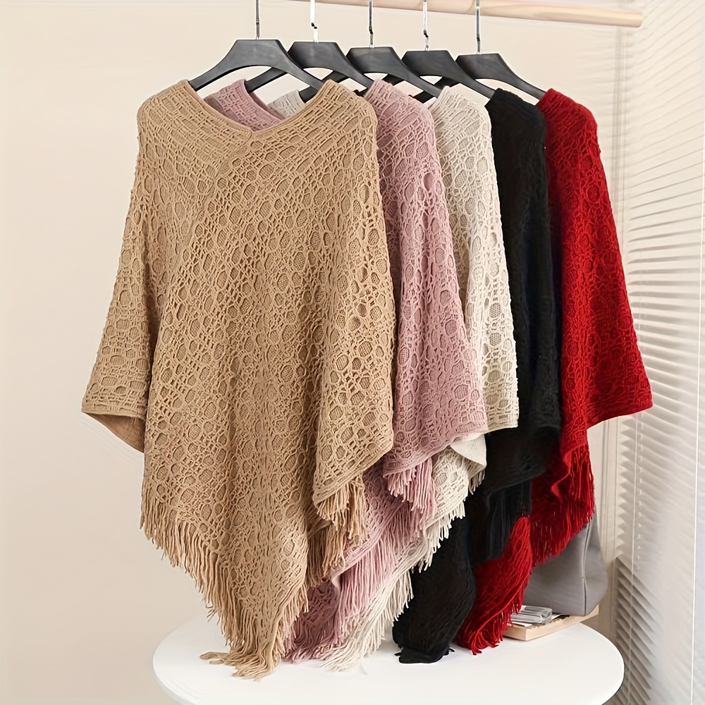 

Women's Bohemian Tassel Poncho Cape Shawl Sweater, Pullover Poncho With Batwing Sleeves, Hollow Out Loose Fit Knit Top