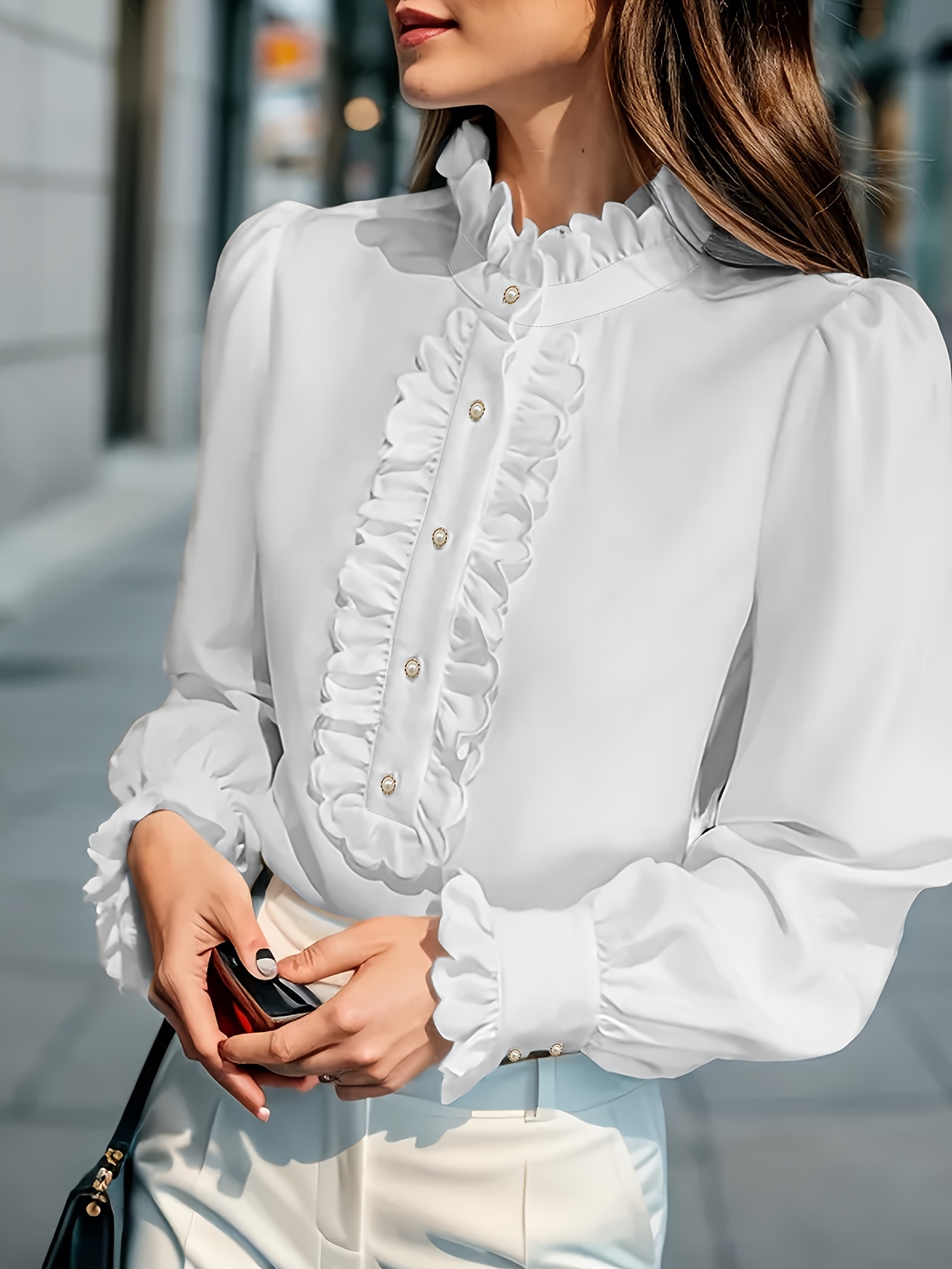 High neck ruffle blouse plus size online