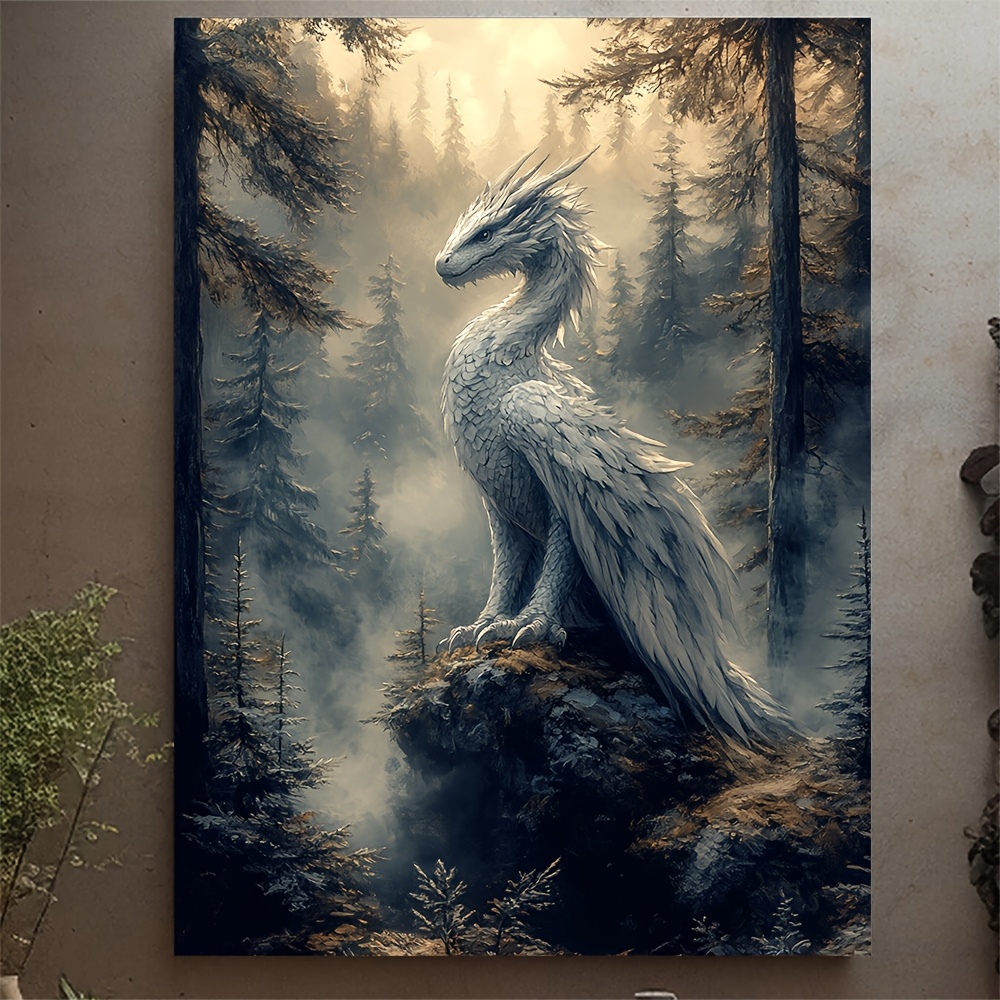TEMU 1pc, avec cadre, 12x16inch Dragon Sur Brumeuse Toile Murale Art Dragon Affiche, Œuvre D'art de , Scène de Forêt Mélancolique, Décoration