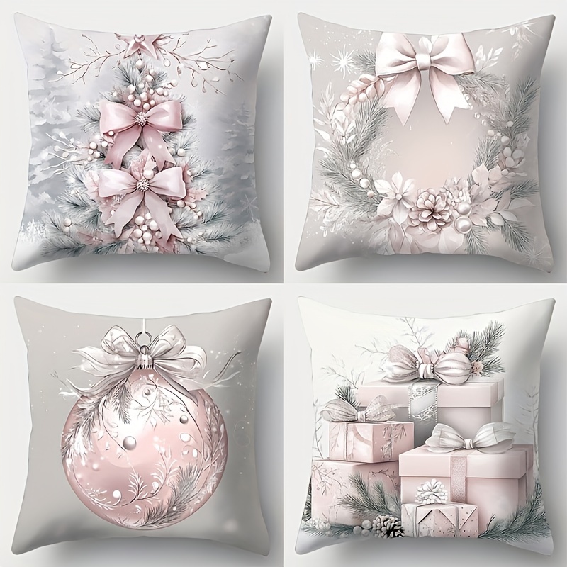 

4pcs Christmas Throw Pillow Covers Set - Modern Polyester, Zip Closure, Machine Washable - Living Room Holiday Decor With Gift, Tree, Wreath Designs