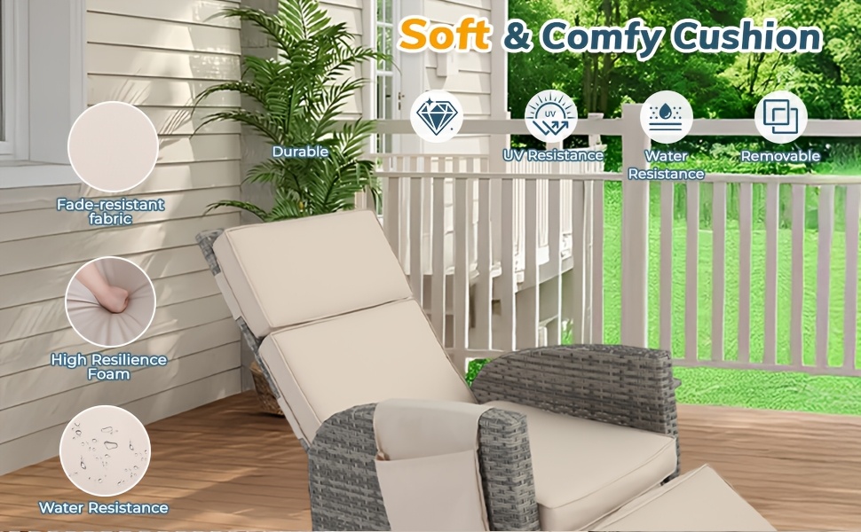 Outdoor Patio Recliner Chair, Independent Adjustable Backrest Up To Lay Flat & Extended Footrest, Flip-Up Side Table, Removable Cushion, All-Weather Wicker, Aluminum Metal Frame For Porch Balcony Garden Poolside
