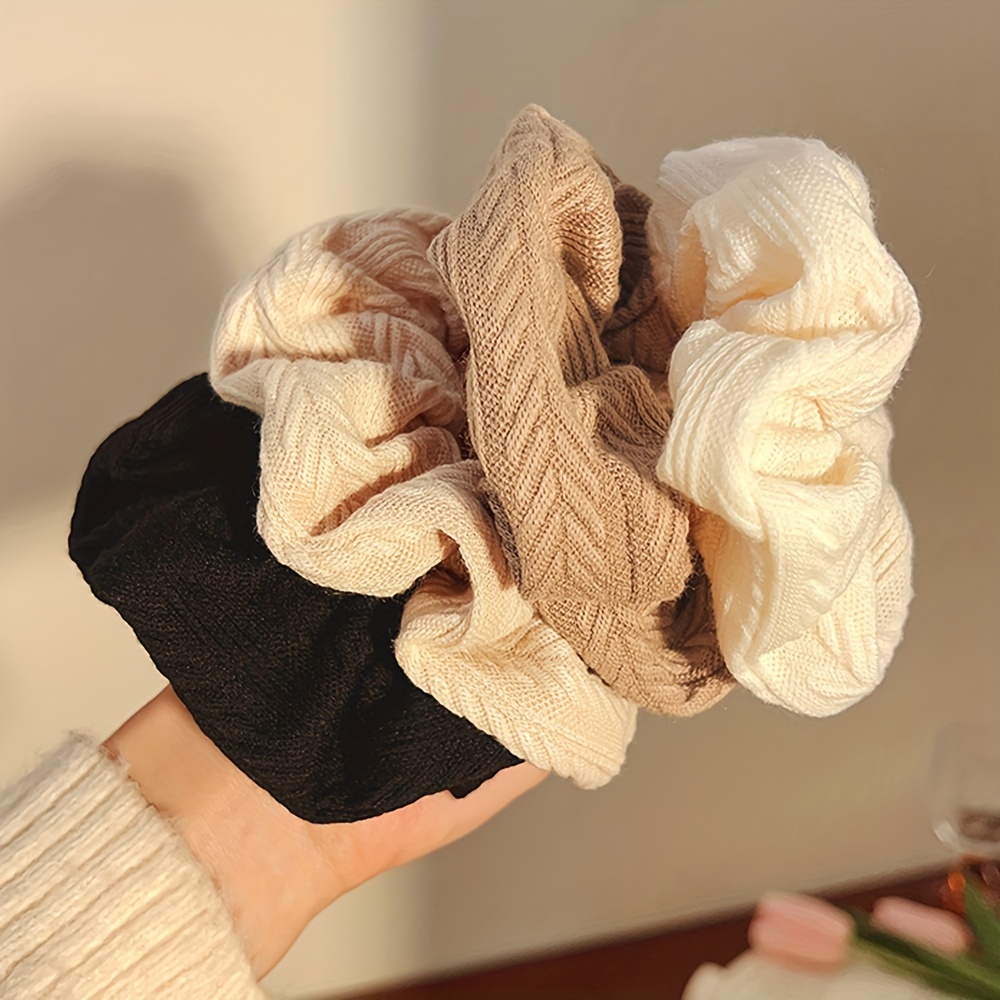 

4pcs Vintage Milk Coffee Fabric Scrunchies - Chic Autumn/winter Hair Ties For Women & Teens, Polyester