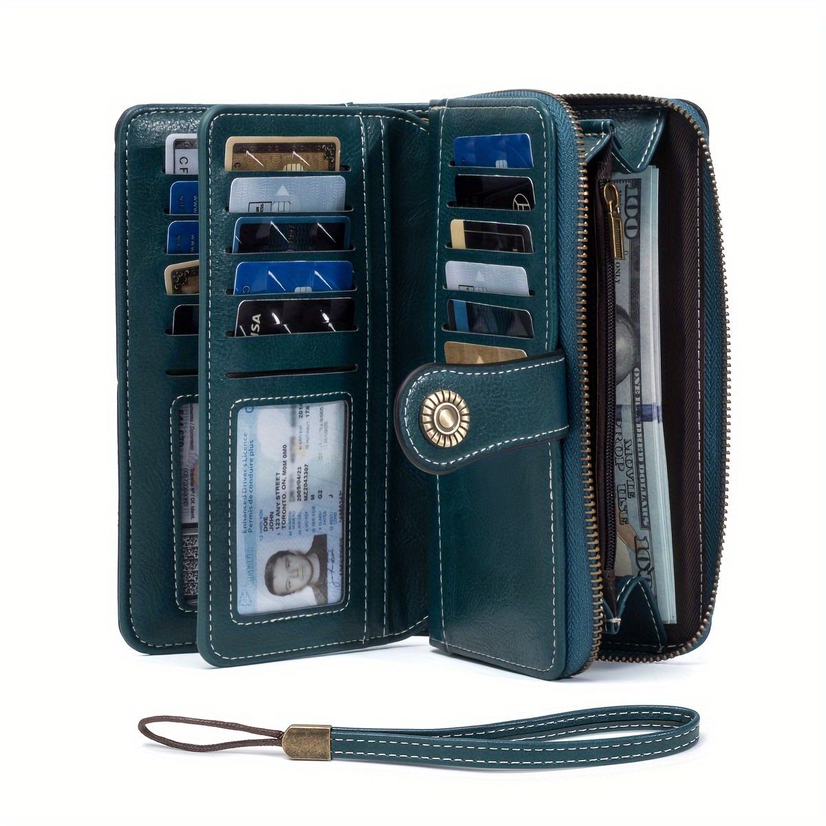 

Rfid Anti-theft Scan Vintage Leather Wallet For - Teal, Oil Waxed Pu With Multiple Card Slots, Large Capacity Zippered Clutch With Wrist Strap, Coin Purse - , Card Holder Wallet