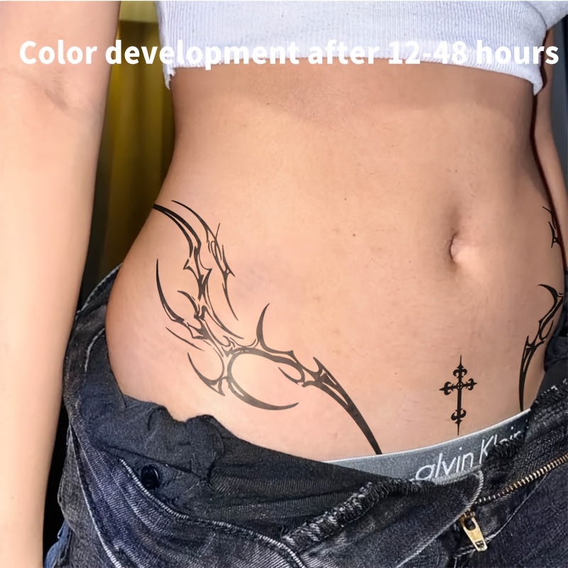waterproof temporary tattoo stickers european   thorn cross design body art for men women sexy waist herbal juice stickers with intricate patterns rectangular shape for versatile placement