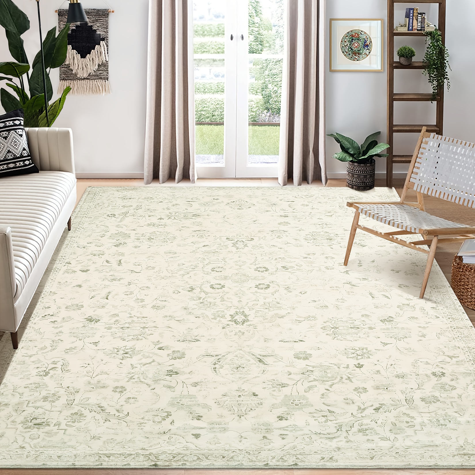 Image of Heavy-duty Machine Washable Area Mat - Non-slip Backing, Beige & Green Floral Mat For Living Room, Bedroom, Kitchen - Large Area To 2.16m² - Low-pile Indoor Floor Mat For Decor
