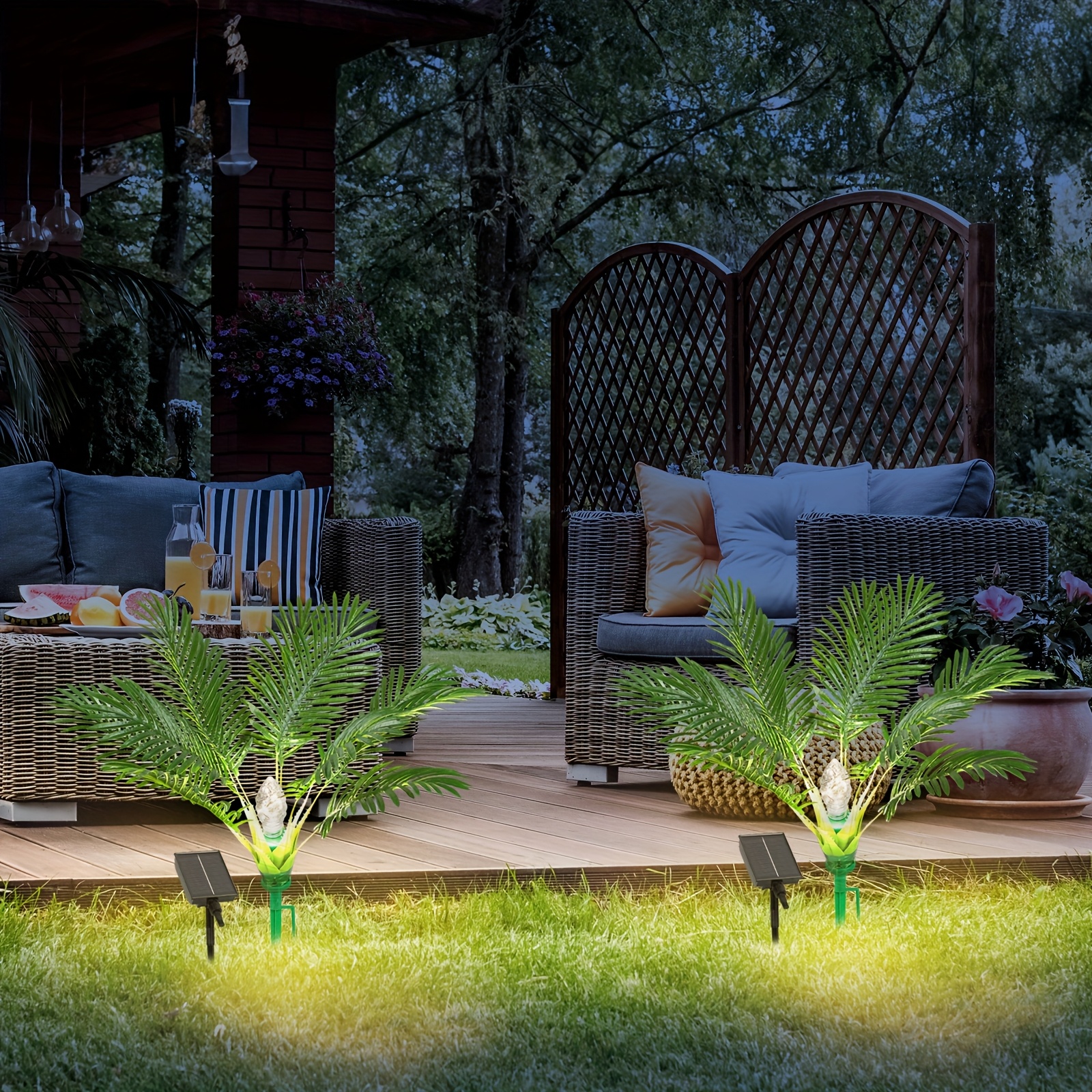 TEMU 2 Pack Palm Tree Artificial Plants Outdoor With Solar Light 25" Christmas Tree With Spike Pathway Light With 8 Lighting For Xmas Decoration Yard
