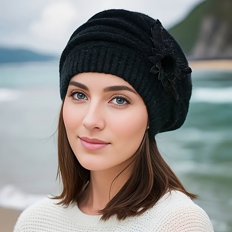 

Elegant Black Knit Beret With Floral Decor – Warm, Stretchy Slouchy Beanie For Women, Autumn & Winter, Lightweight And Machine Washable, Winter Accessories | Elegant Knit Beanie | Polyester Fiber Hat