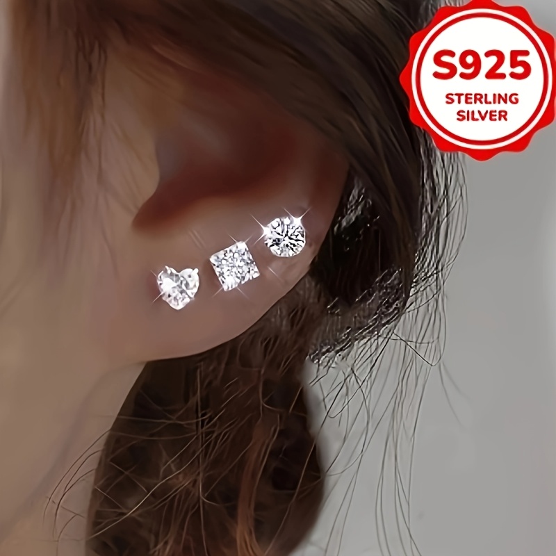 6pcs set 1 5g hypoallergenic s925 silver womens fashion stud earrings with synthetic synthetic zirconia heart and square shapes minimalist   for casual attire or special occasions Product details 4