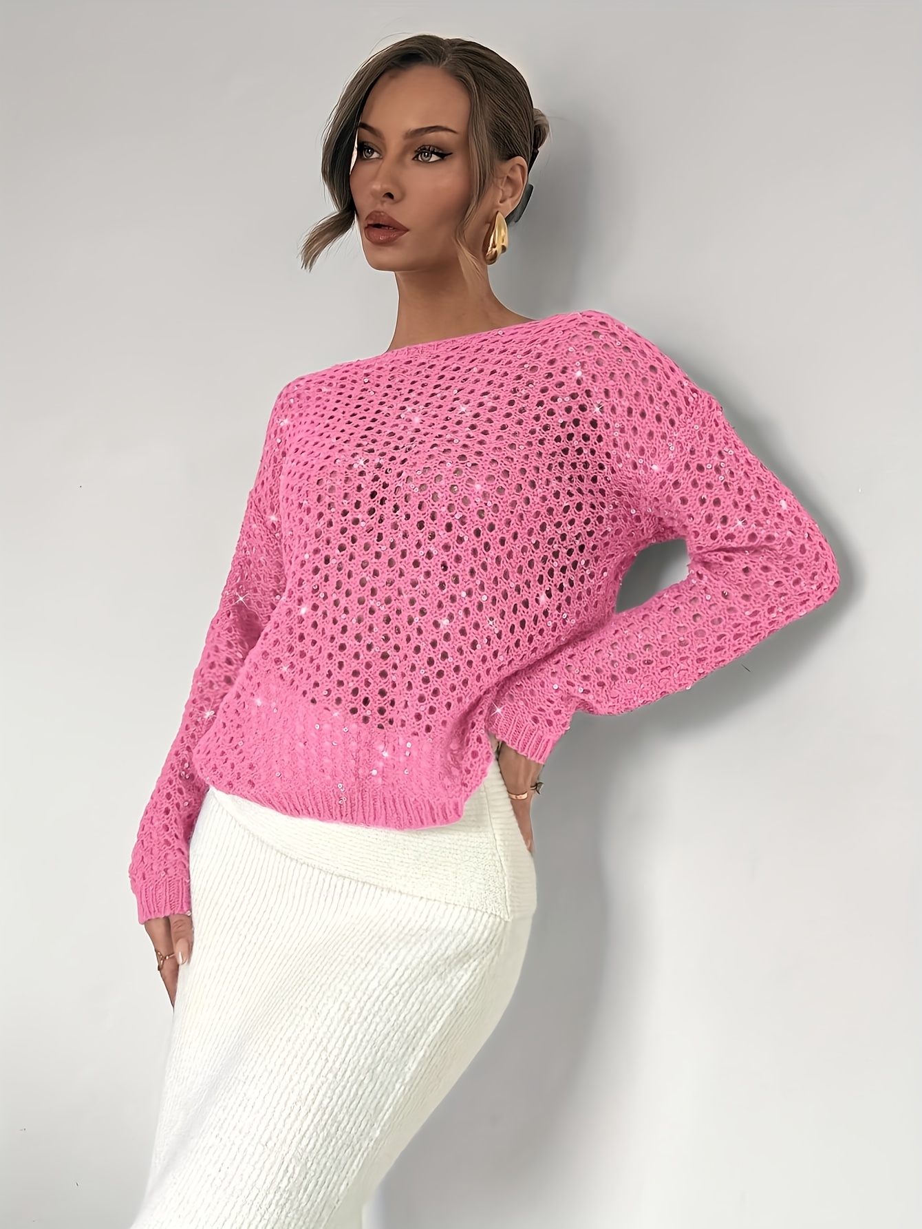 women's sparkle sweater sequins round neck solid Temu Hungary