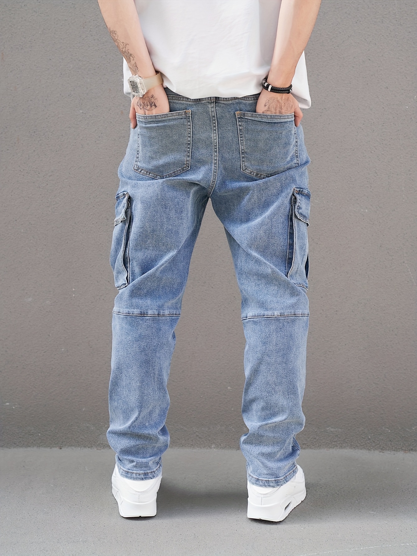 Men'S Plus Size Casual Cargo Jeans - Stretch Denim, Solid Color with Pockets, Slim Fit, Washed Blue Finish for Fall/Winter, Casual Wear Jeans|Slim Fit Jeans|Stylish Casualwear