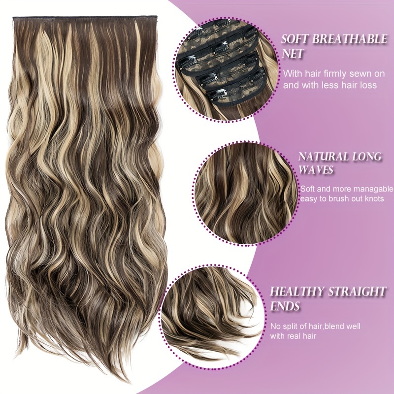 4pieces set long wavy   clip in hair extensions 22inch 55cm soft hairpieces curly thick   double weft hairpiece top synthetic hair highlight   blonde for women party cosplay christmas halloween dating daily use details 4