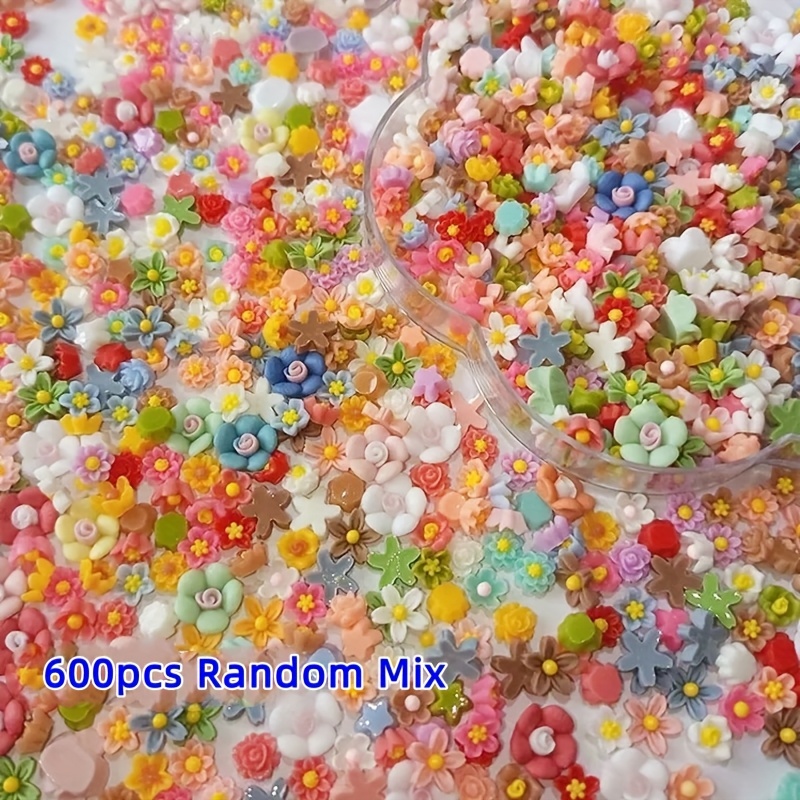 Image of 600pcs/300pcs Random Mix Mini Vibrant Floral Resin Craft Beads, Suitable For , Hair Accessories, And Nail Art Decoration, , Ideal For , Used For Making Accessories. Beads & Bead Assortments