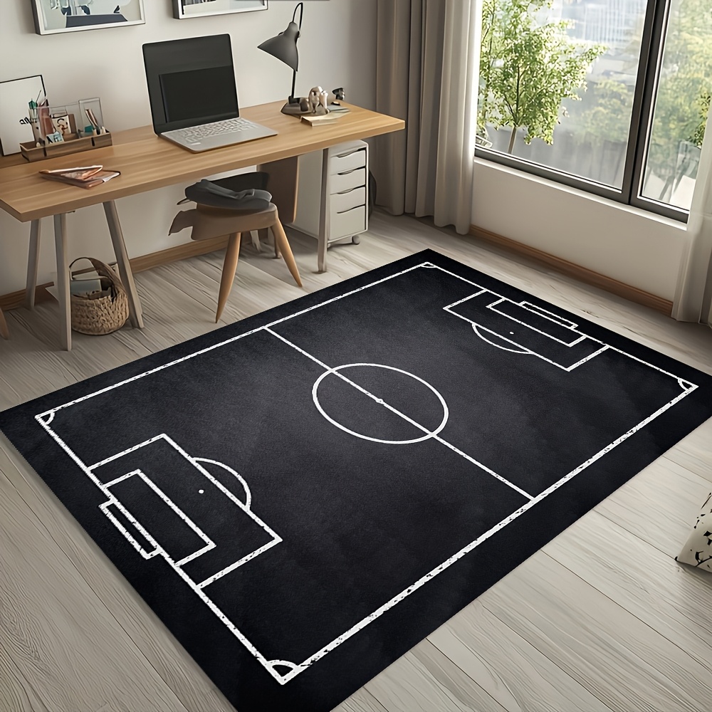 modern black football field mat 100 polyester machine washable area mat with   rectangular shape for bedroom office living room entryway game area non slip home decor gift for sports fans football room decor bedroom accent contemporary style durable material sports enthusiasts