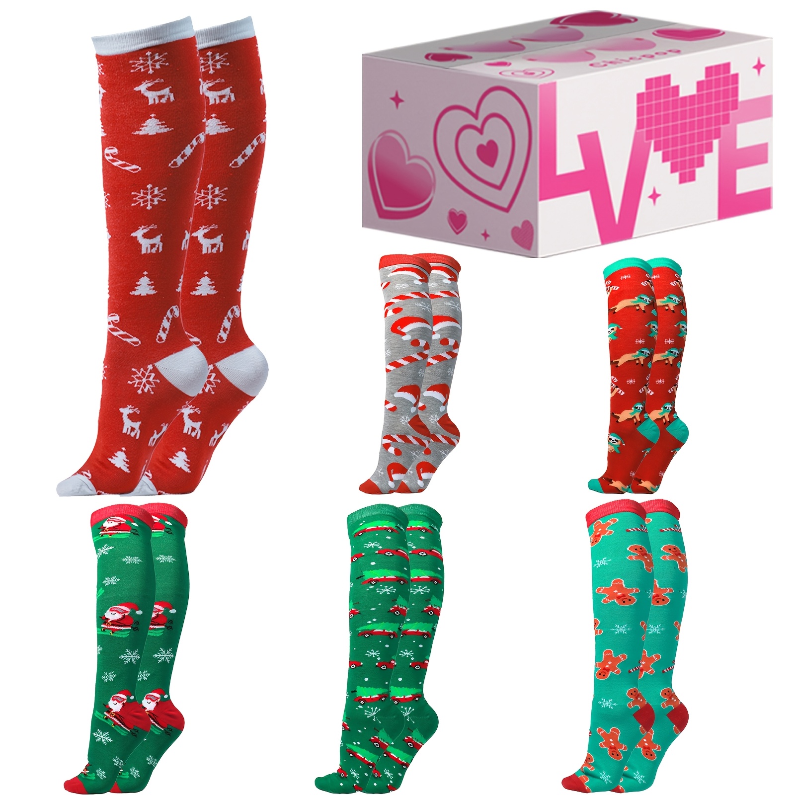 

6 Pairs Of Men's And Women's Knee-length Christmas Socks Crazy Christmas Gift Socks Christmas Knee-length Socks Christmas Socks Valentine's Day Gift Socks Christmas Calf Socks Christmas Sports Socks