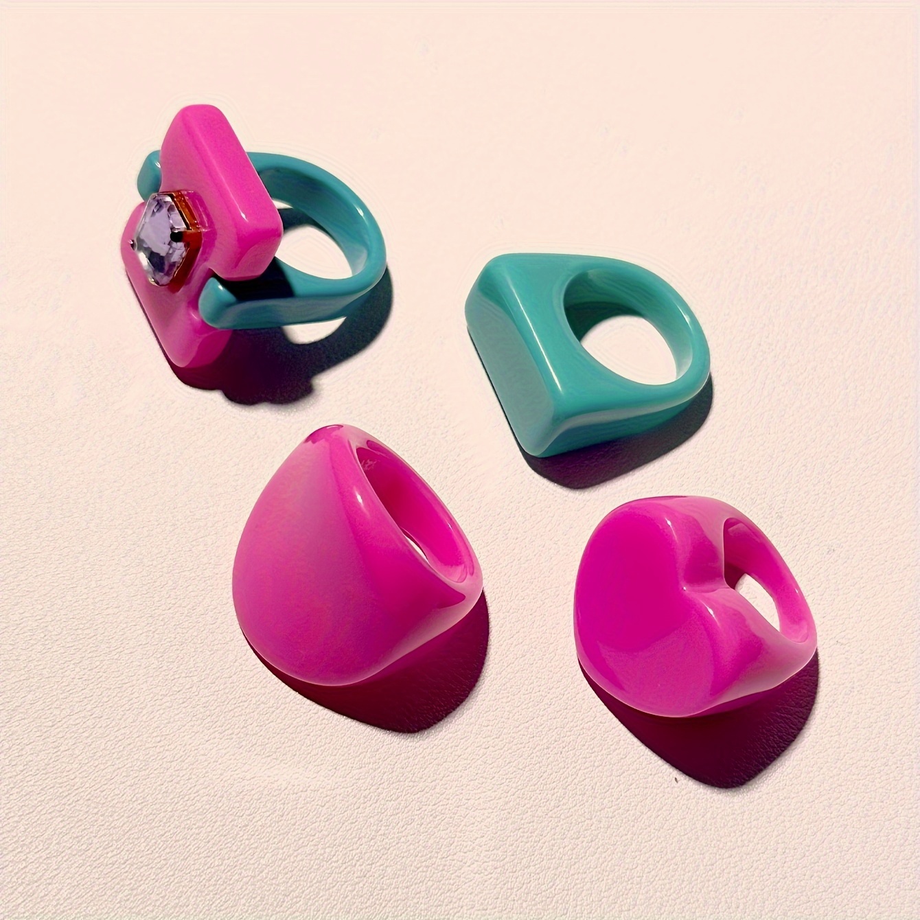 4pc Cute Pink Resin Ring Set for Women, Daily Matching