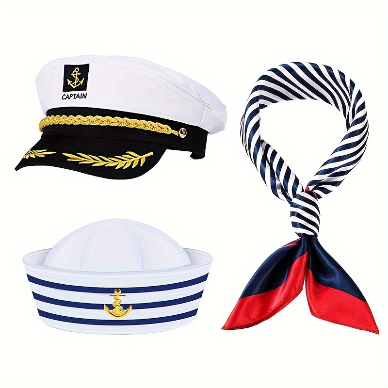 

Navy Captain & Sailor Hat And Scarf Set - 2/3pcs, Summer Beach Parties, Halloween Costumes, And Holiday Gifts, Swimming Pool Party, Cosplay Accessories