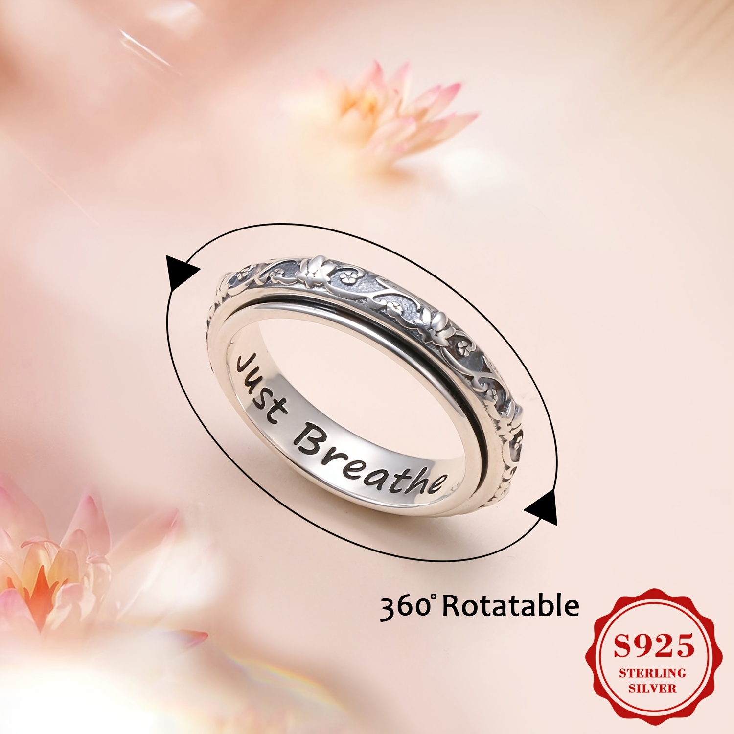 spinner fidget ring s925 sterling silver lotus   just breathe anxiety worry band oxidized fidget boredom adhd autism rings for women Product details 2