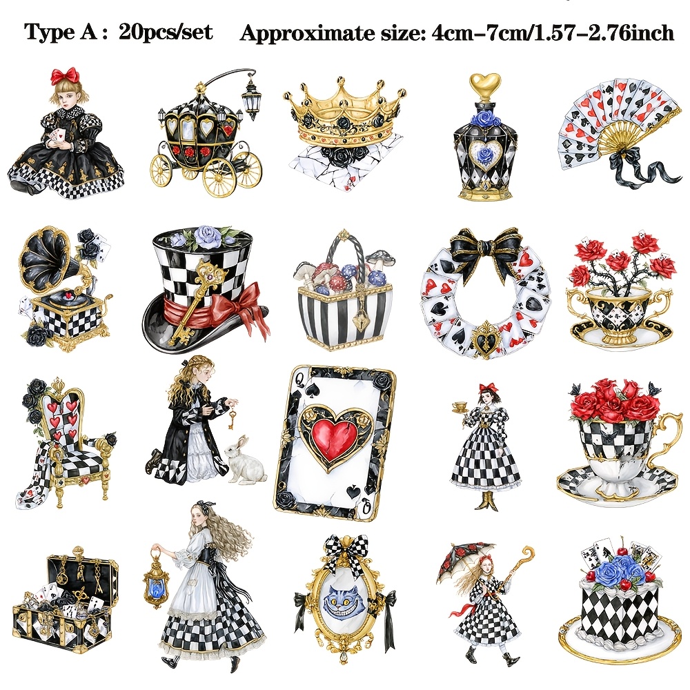 TEMU Ruonaorou 20pcs/set Fairy Tale Crown Poker Stickers Creative Grid Rose Camellia Club Handmade Account Stickers Diy Decorative Stickers Material