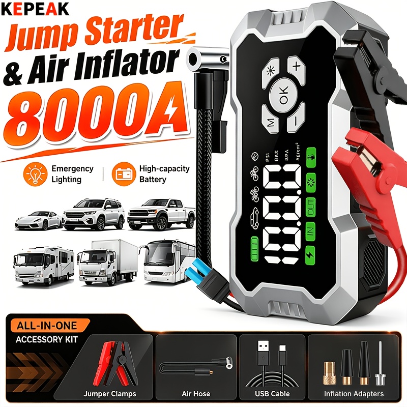 TEMU Arrancador de emergencia multifuncional para coche 8000A | Cargador de batería de coche de 12V, inflador de neumáticos digital de 150 PSI, de