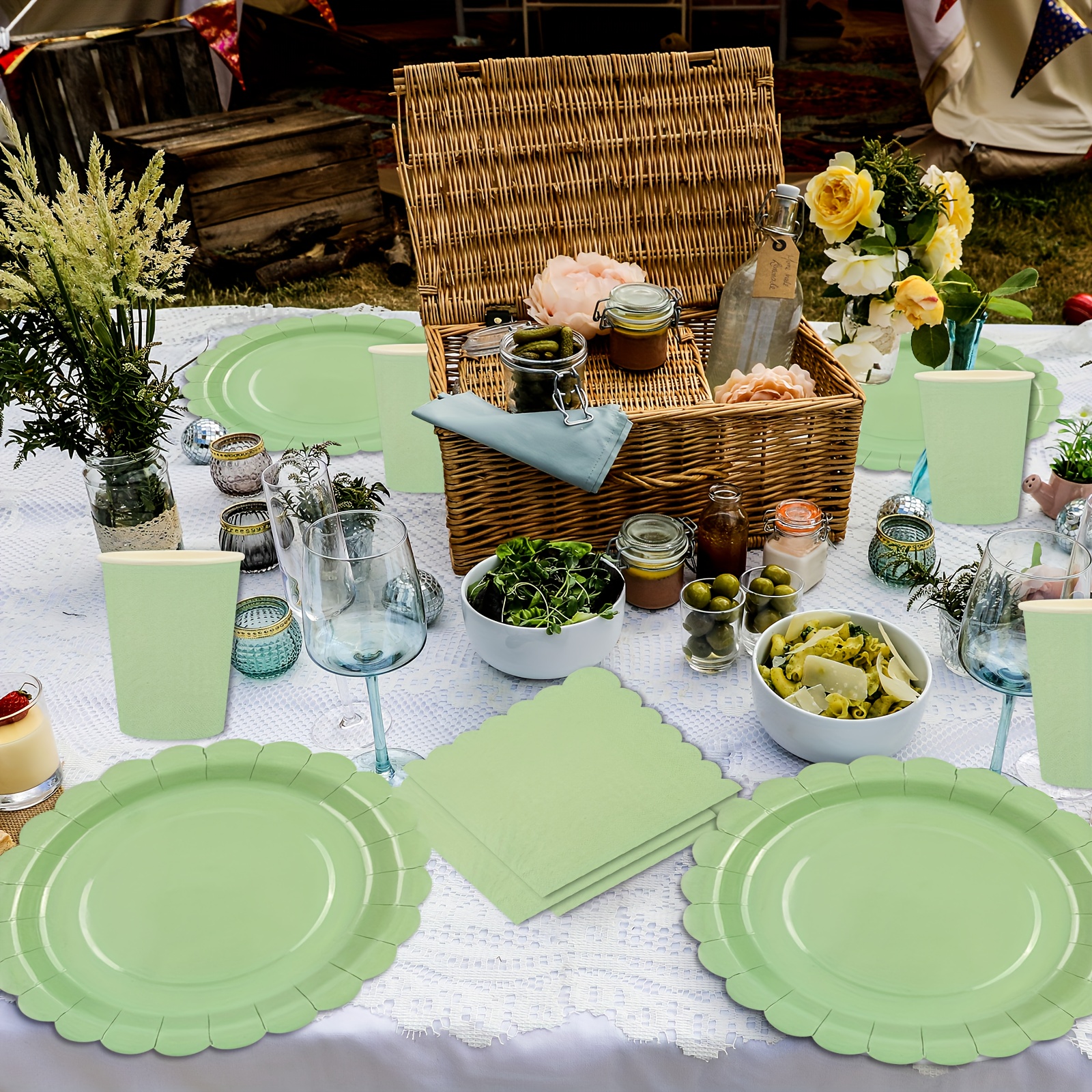 80pcs Of Grass Green Party Tableware, Paper Plates Cups Napkins Party Set Sweet Party For Birthdays Wedding 20 Guests
