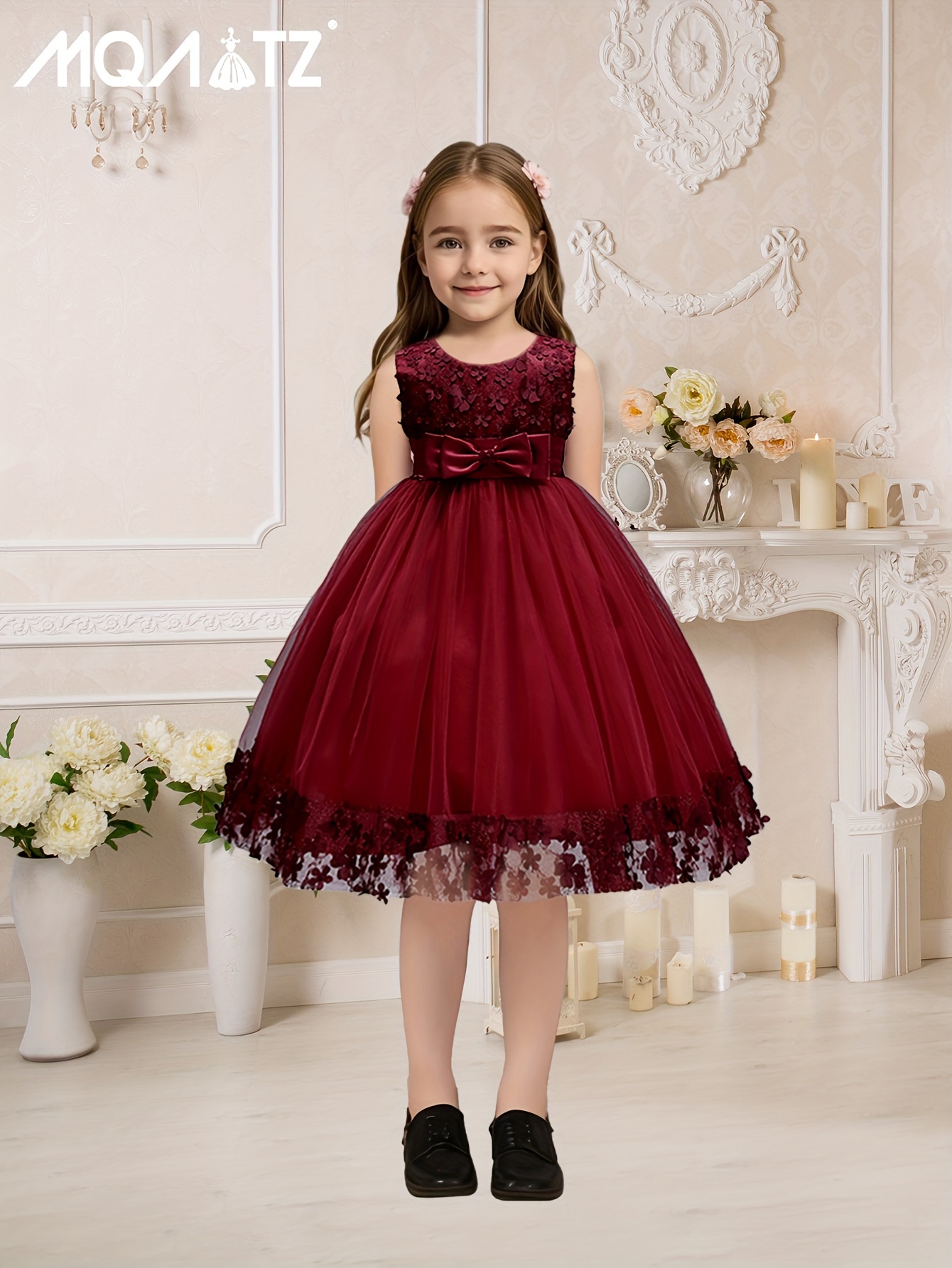 Kid Girl Lace Design Mesh Splice Flutter-sleeve Bowknot Decor Princess Party Dress