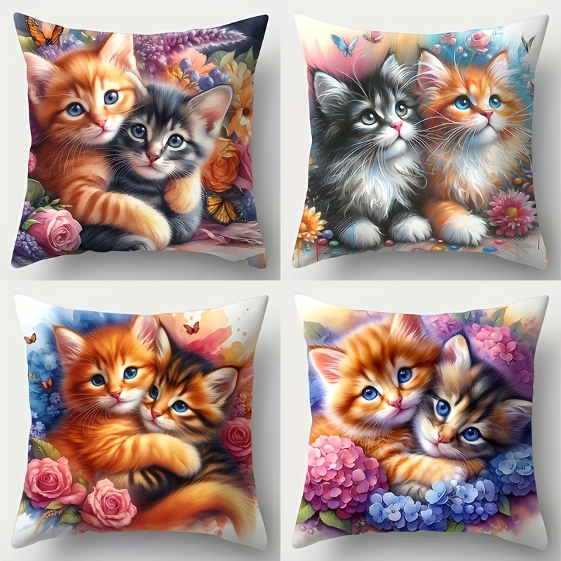 E-shop 4er-Set Retro-Katzen-Kissenbezüge 45x45cm – Süßes Katzen- & Blumendesign, vielseitige Kissenhüllen mit Reißverschluss für Sofa, Dekokissen (nur