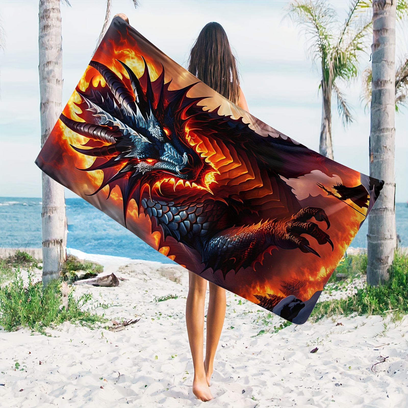 TEMU Cyber Flame Drachen Strandtuch - Ultraweich, Schnelltrocknend, Hochsaugfähig Mikrofaser für Yoga, Fitness, Reisen, Schwimmen, Camping und