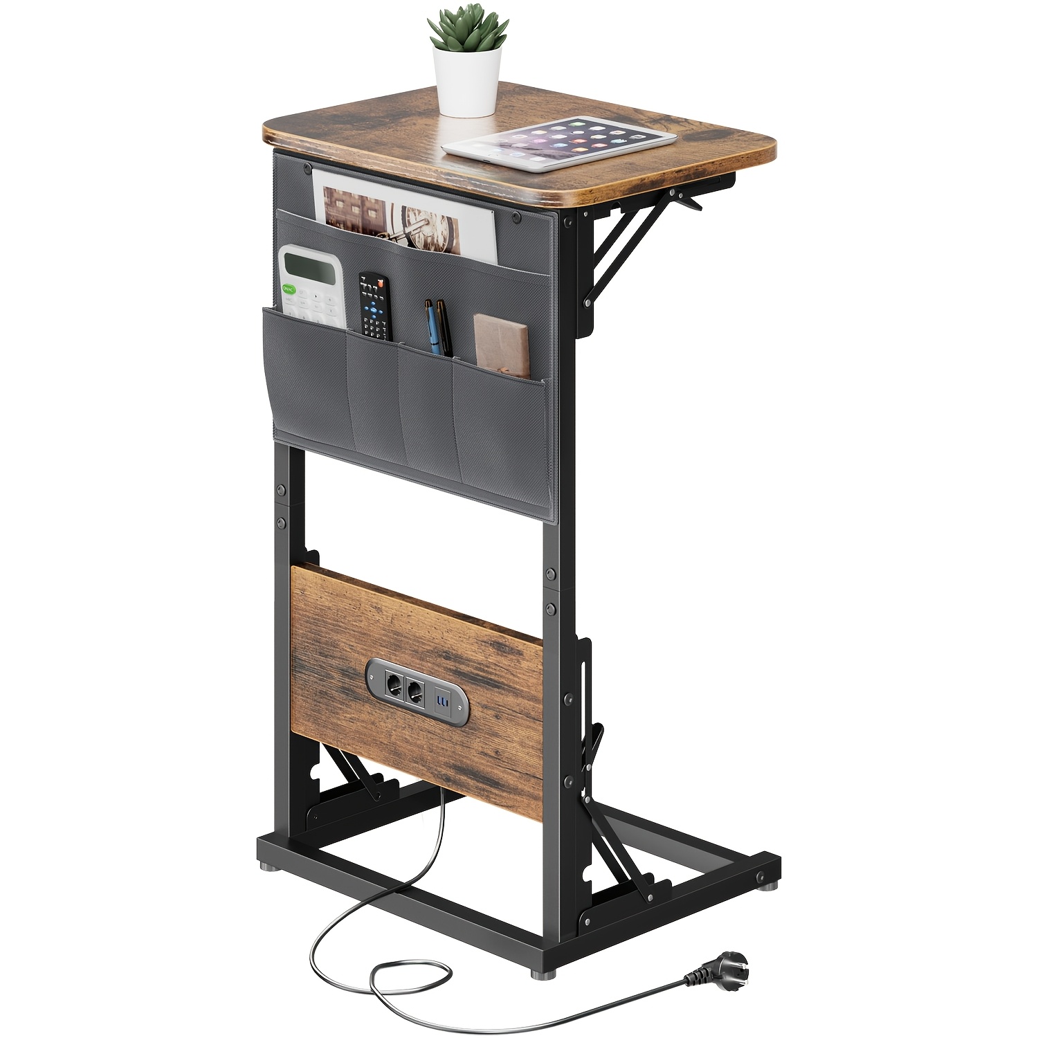 End Table, Foldable Dining Table And Tv Tray With Built-in Outlets, Space- Collapsible Side Table For Sofa, Recliner, Living Room And Bedroom