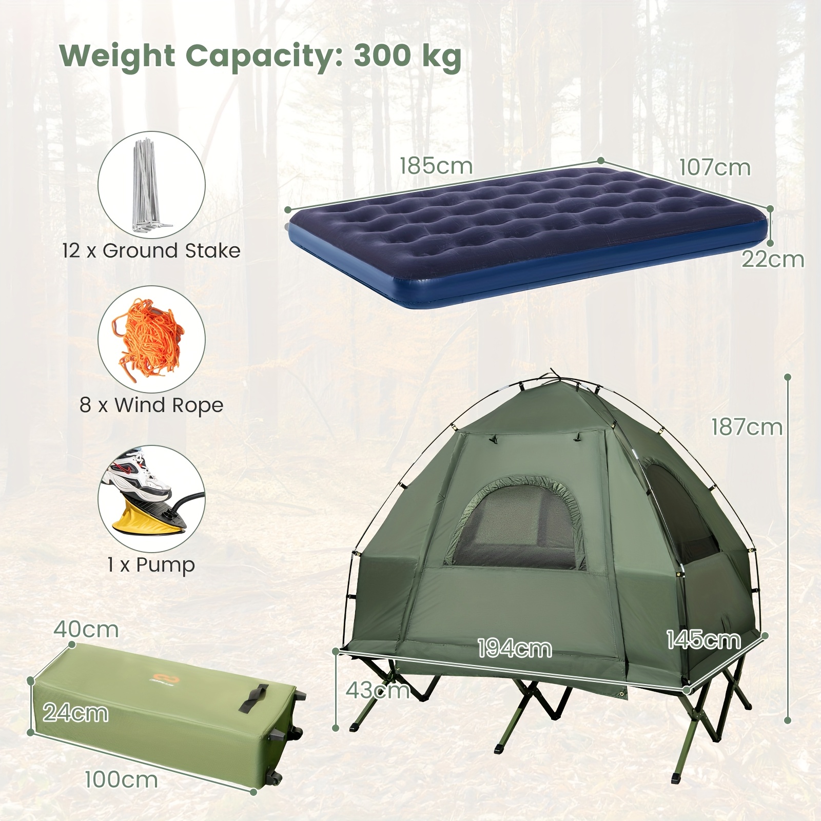 2-Person Camping Tent Cot, 5-in-1 Folding Camping Bed With Air Mattress, Pillow, Sleeping Bag, Waterproof Elevated Tent Shelter, Portable Outdoor Sleeping Cot With Carry Bag For Picnic, Trip