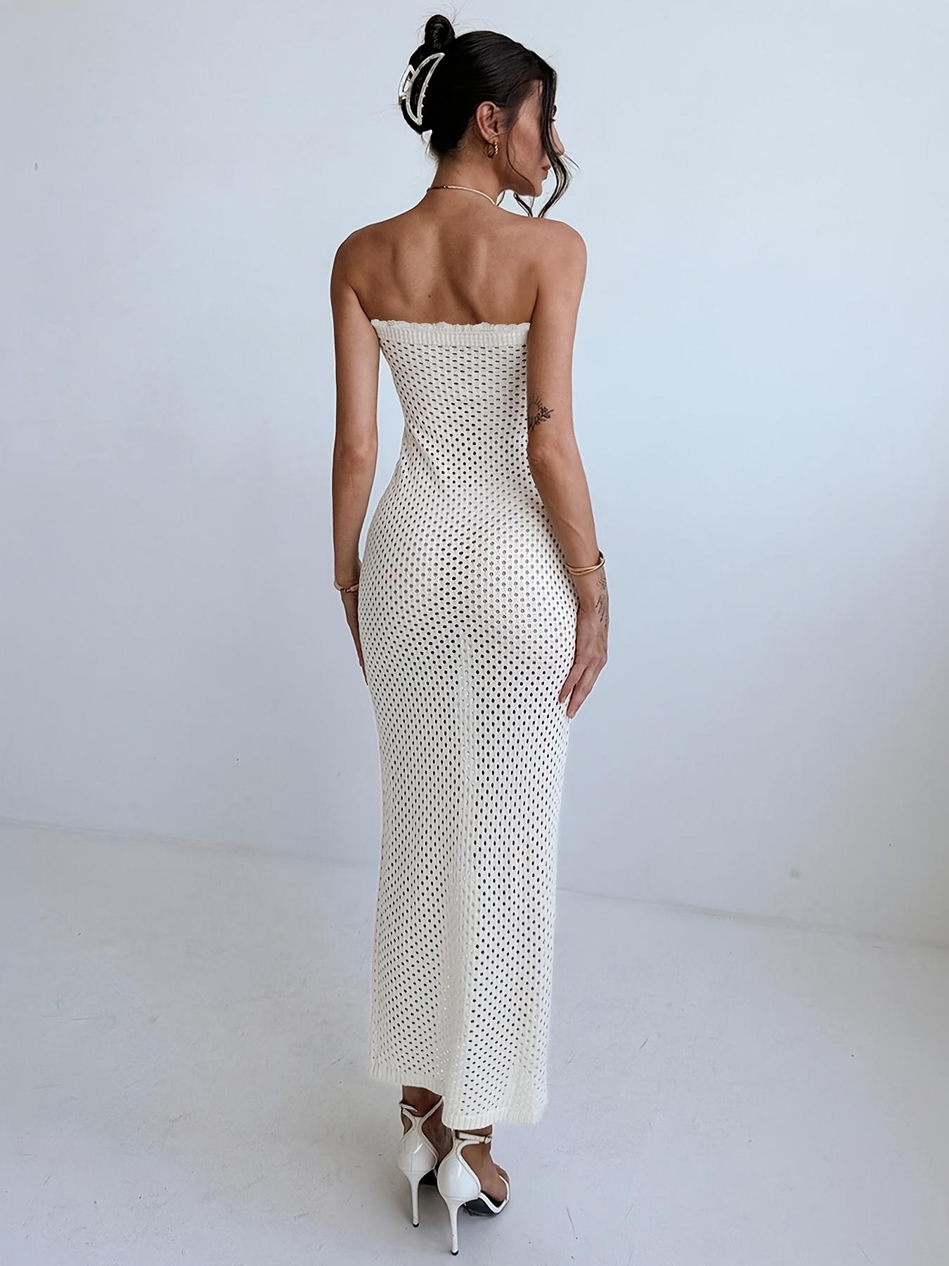 2026 summer white strapless crochet maxi dress hollow - Temu Denmark
