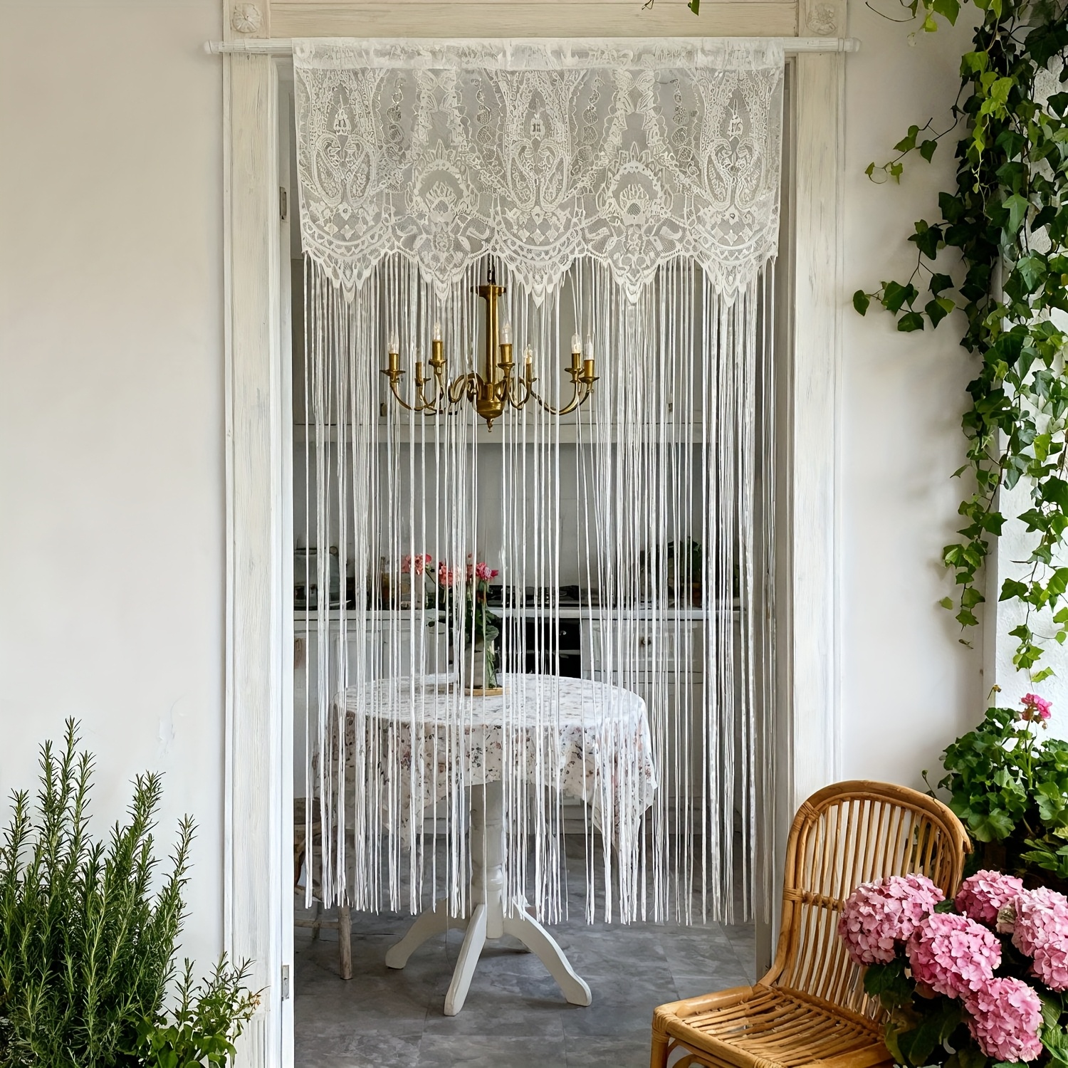 Image of 2d 1pc French Vintage Lace Tassel Door Curtain, Rod Pocket Hanging, Sheer Window Door Drapes For Kitchen, Living Room, Balcony, Accent Wall, Partition Decor