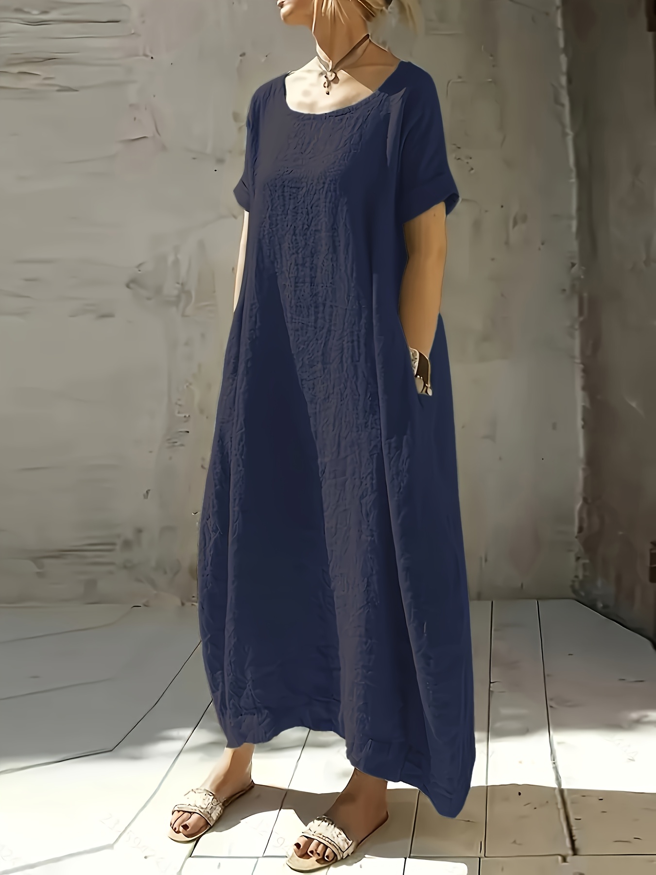 Plus Size, Plus Size Women's Casual Short Sleeve Round Neck Long Loose Dress