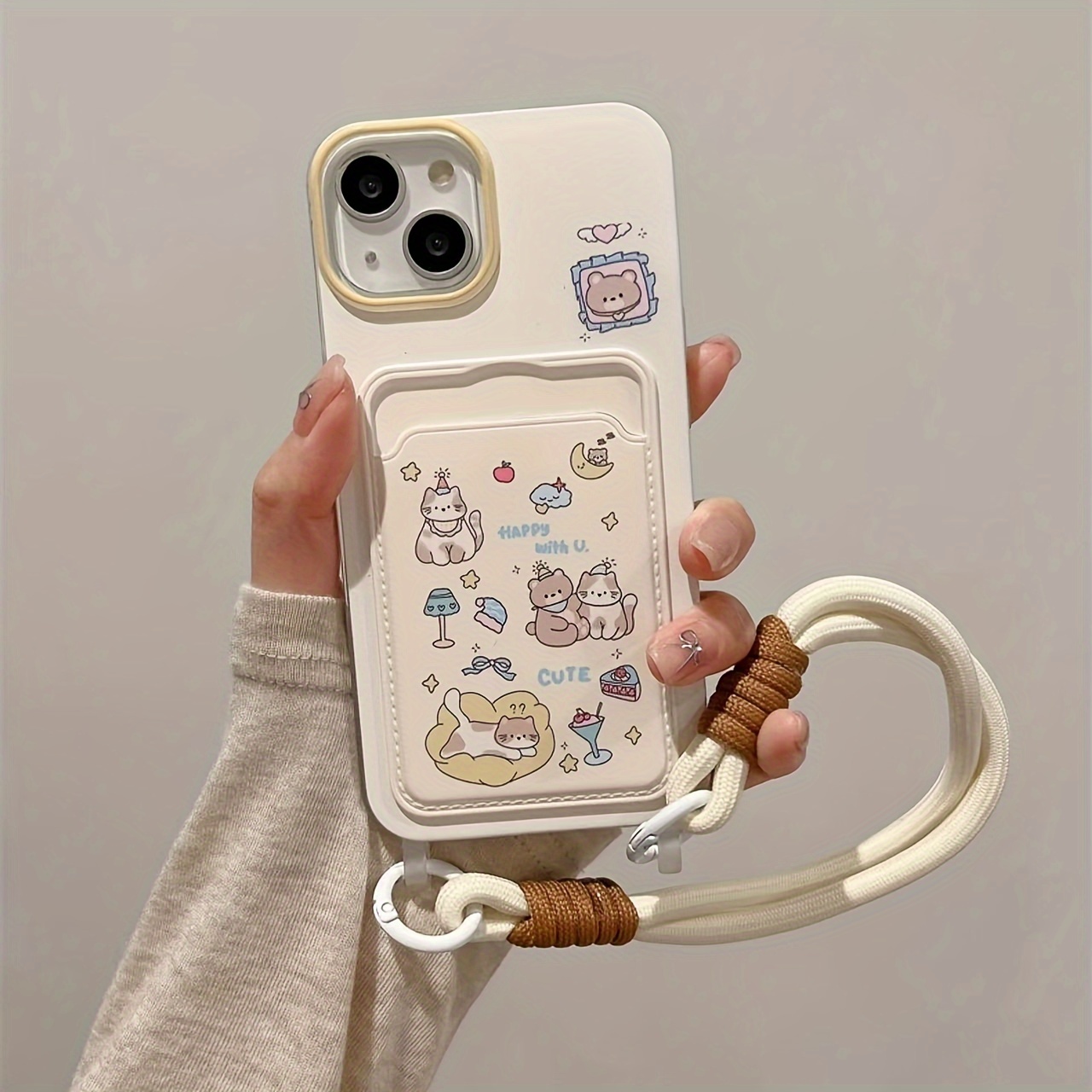 TEMU Phone Case: Card Bag, Transparent Painted Hat, Kitten Daily Phone Case With Hanging Rope For Iphone 11 12 13